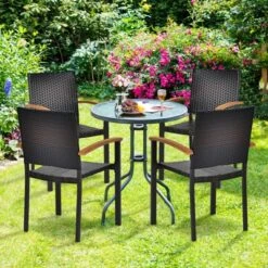 Tangkula Patio Rattan Dining Armchair Set of 4 – Wicker Chairs with Acacia Wood Armrests