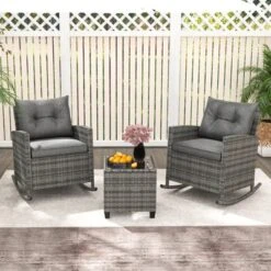 Tangkula 3-Piece All-Weather Wicker Outdoor Rocking Chair Set with Table