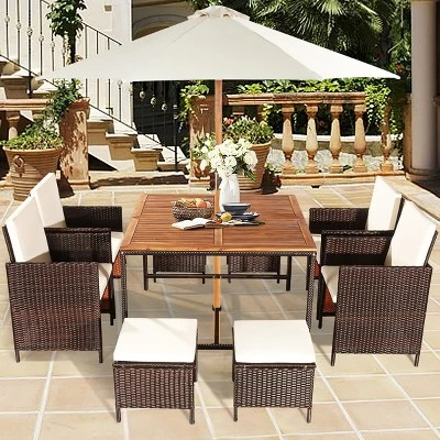 Tangkula 9-Piece Outdoor Patio Dining Set with Acacia Wood Table - White 2 Tangkula 9-Piece Outdoor Patio Dining Set with Acacia Wood Table - White - Image 2