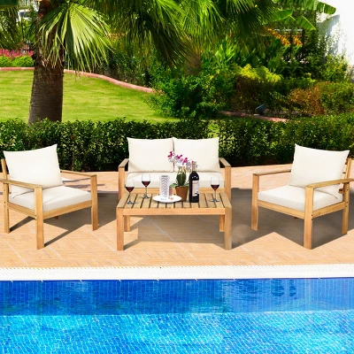 Tangkula 4PCS Patio Acacia Wood Conversation Furniture Set W/ Off White Cushions 1 Tangkula 4PCS Patio Acacia Wood Conversation Furniture Set W/ Off White Cushions