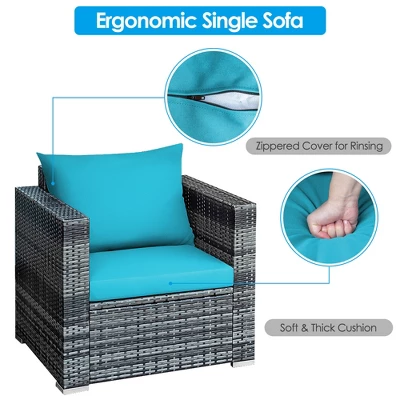 Tangkula 3PCS Rattan Patio Conversation Furniture Set Outdoor Yard W/ Turquoise Cushion 6 Tangkula 3PCS Rattan Patio Conversation Furniture Set Outdoor Yard W/ Turquoise Cushion - Image 6