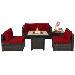 Tangkula 6 PCS Patio Wicker Furniture Set With 30" Gas Fire Pit Table 50,000 BTU Black/Red/Turquoise/Navy/White Cushions -Tangkula Shop GUEST eeb49e4d a5a9 4587 9b7b 51d86d6b5245