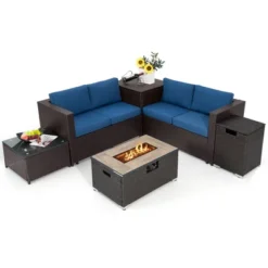 Tangkula 6 Piece Patio Sofa & Fire Table Set Outdoor Rattan Sectional Sofa Set W/ Storage Box Navy -Tangkula Shop GUEST ef6fada2 8cfb 4488 80fa 495ed3f8e122