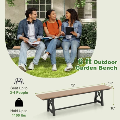Tangkula 3-4 Person Outdoor HDPE Bench With Metal Frame 72" Long Patio Backless Bench Weatherproof Garden Bench 6 Tangkula 3-4 Person Outdoor HDPE Bench With Metal Frame 72" Long Patio Backless Bench Weatherproof Garden Bench - Image 6
