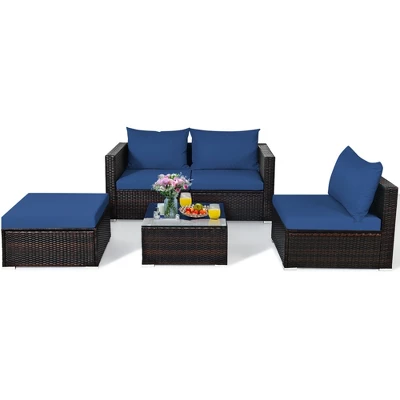 Tangkula 5PCS Cushioned Rattan Patio Conversation Set W/ Ottoman Navy Cushion 10 Tangkula 5PCS Cushioned Rattan Patio Conversation Set W/ Ottoman Navy Cushion - Image 10