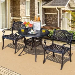 Tangkula 3-Piece Cast Aluminum Patio Bistro Set with Umbrella Hole