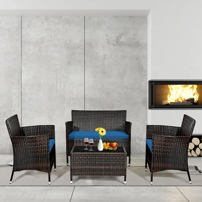 Tangkula 4-Piece Outdoor Rattan Conversation Set with Peacock Blue Cushions 3 Tangkula 4-Piece Outdoor Rattan Conversation Set with Peacock Blue Cushions - Image 3