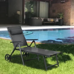Tangkula Outdoor Folding Lounge Chair Patio Portable Longer W/Wheels & Adjustable Backrest