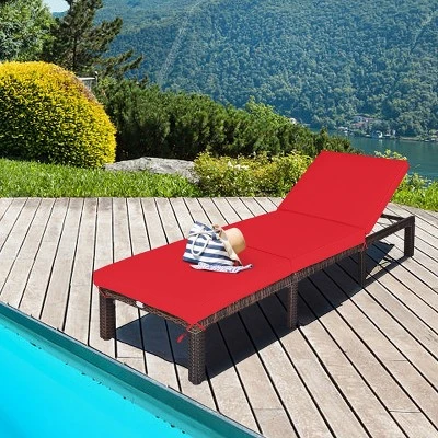 Tangkula Outdoor Rattan Chaise Lounge Chair Adjustable Backrest Recliner With Red Cushions 2 Tangkula Outdoor Rattan Chaise Lounge Chair Adjustable Backrest Recliner With Red Cushions - Image 2