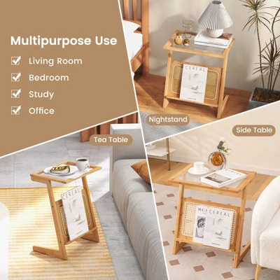 Tangkula 1pc/2pcs Z-shaped Side Table W/ Rattan Shelf Glass Top End Table W/ Magazine Rack Space-saving Sofa Side Bedside Table 7 Tangkula 1pc/2pcs Z-shaped Side Table W/ Rattan Shelf Glass Top End Table W/ Magazine Rack Space-saving Sofa Side Bedside Table - Image 7