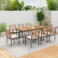 Tangkula 9 PCS Patio Dining Set Rectangular Dining Table W/ Acacia Wood Top Umbrella Hole