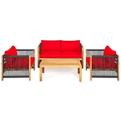 Tangkula Outdoor Patio Wood Conversation Furniture Set Padded Chair With Coffee Table Red/Turquoise 5 Tangkula Outdoor Patio Wood Conversation Furniture Set Padded Chair With Coffee Table Red/Turquoise - Image 5