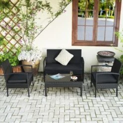 Tangkula Set Of 4 Wicker Patio Conversation Furniture Set Outdoor Rattan Chair And Table Set Patio Furniture Sets W/ Coffee Table & Washable Cushions -Tangkula Shop GUEST f2aad7c5 b70f 48d5 93ec 8934eda32d85