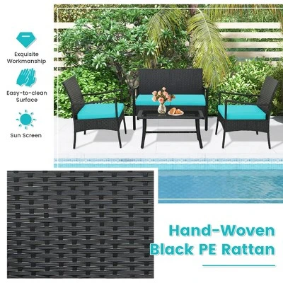 Tangkula 4PCS Patio Rattan PE Wicker Furniture Conversation Set W/ Sofa Chair & Table 2 Tangkula 4PCS Patio Rattan PE Wicker Furniture Conversation Set W/ Sofa Chair & Table - Image 2