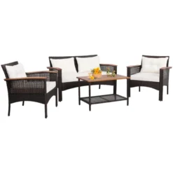 Tangkula 4PCS Rattan Patio Furniture Set Acacia Wood Outdoor Conversation Set W/ Cushions -Tangkula Shop GUEST f2db573b ca1e 4971 94de cb4495002ea2