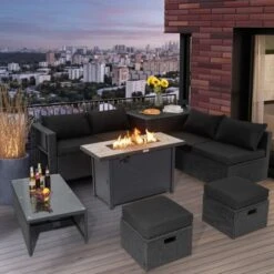 Tangkula 9-Piece Outdoor Wicker Sectional Set with 60k BTU Fire Pit