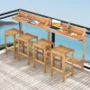 Tangkula 6-Piece Acacia Wood Balcony Bar Set with 2-Tier Table & 4 Curved Stools