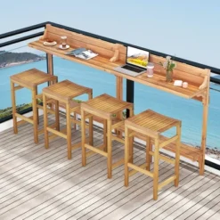 Tangkula 6-Piece Acacia Wood Balcony Bar Set with 2-Tier Table & 4 Curved Stools
