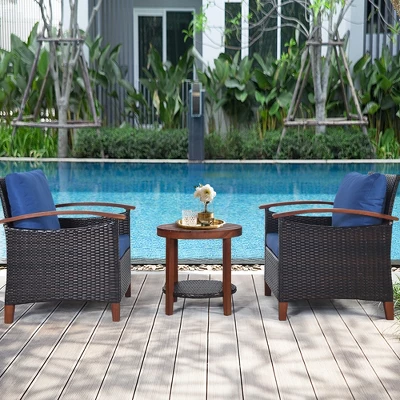 Tangkula 3-Piece Patio Wicker Rattan Conversation Set with Acacia Wood & Cushions 3 Tangkula 3-Piece Patio Wicker Rattan Conversation Set with Acacia Wood & Cushions - Image 3