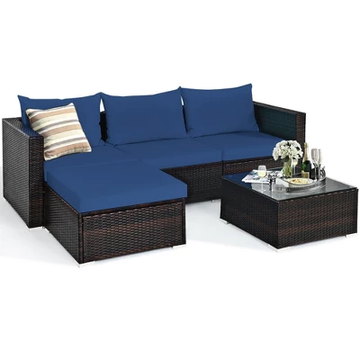 Tangkula 5PCS Cushioned Rattan Patio Conversation Set W/ Ottoman Navy Cushion 7 Tangkula 5PCS Cushioned Rattan Patio Conversation Set W/ Ottoman Navy Cushion - Image 7