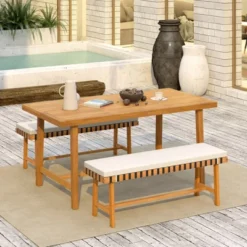 Tangkula 2PCS Outdoor Acacia Wood Bench With Cushion Breathable Rope Seat Patio Dining Bench For Entryway Garden Poolside Balcony -Tangkula Shop GUEST f3b5d653 b7ea 4ca5 85e8 5e4333809afc