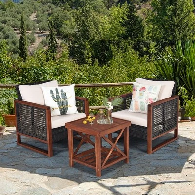 Tangkula 3-Piece Rattan Wicker Outdoor Conversation Set with Acacia Wood Table 1 Tangkula 3-Piece Rattan Wicker Outdoor Conversation Set with Acacia Wood Table