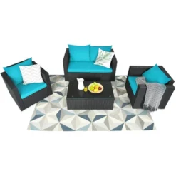 Tangkula 4PCS Rattan Patio Conversation Set Outdoor Furniture Set W/ Navy & Turquoise Cushions 9 Tangkula 4PCS Rattan Patio Conversation Set Outdoor Furniture Set W/ Navy & Turquoise Cushions -Tangkula Shop GUEST f4471fe6 c6a7 452e a9c6 8371390bfb85