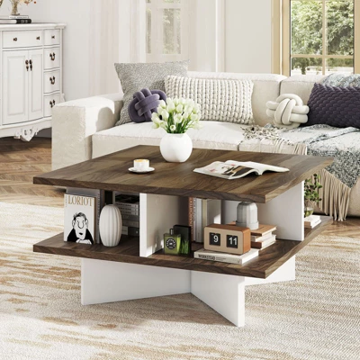 Tangkula 2-Tier Square Coffee Table W/ Storage Farmhouse Modern Accent Table Center Table 3 Tangkula 2-Tier Square Coffee Table W/ Storage Farmhouse Modern Accent Table Center Table - Image 3