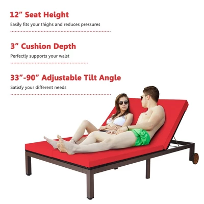 Tangkula Adjustable Patio Rattan 2 Person Recliner Lounge Chair W/ Red Cushion Wheel 7 Tangkula Adjustable Patio Rattan 2 Person Recliner Lounge Chair W/ Red Cushion Wheel - Image 7