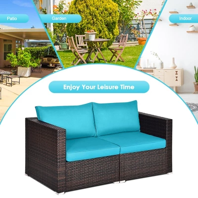 Tangkula 2PCS Rattan Corner Sofa Set Patio Outdoor Furniture Set W/ 4 Blue Cushions 4 Tangkula 2PCS Rattan Corner Sofa Set Patio Outdoor Furniture Set W/ 4 Blue Cushions - Image 4