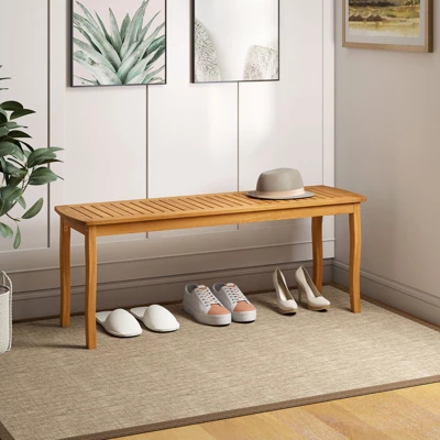 Tangkula 47" Acacia Wood Outdoor Bench, Backless Slatted Dining Seat 2 Tangkula 47" Acacia Wood Outdoor Bench, Backless Slatted Dining Seat - Image 2