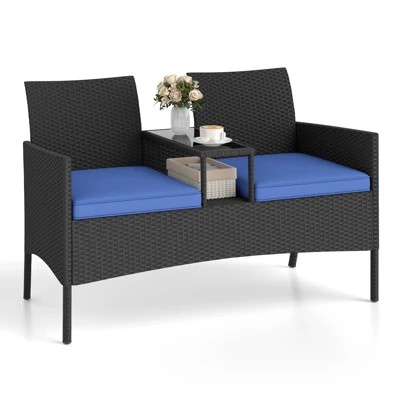 Tangkula 2-Seat Outdoor Rattan Loveseat with Built-in Coffee Table - Blue 9 Tangkula 2-Seat Outdoor Rattan Loveseat with Built-in Coffee Table - Blue - Image 9
