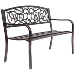 Tangkula Antique Metal Garden Bench with Welcome Pattern Armrests -Tangkula Shop GUEST f64835b2 94b1 4eb6 bc41 f610ddf5078a