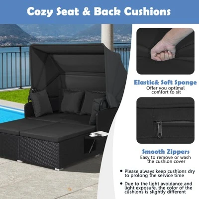 Tangkula Patio Rattan Daybed With Retractable Canopy Wicker Sun Lounger With 2 Foldable Side Panels Thick Seat & Back Cushions 3 Tangkula Patio Rattan Daybed With Retractable Canopy Wicker Sun Lounger With 2 Foldable Side Panels Thick Seat & Back Cushions - Image 3