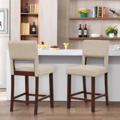 Tangkula 4-Piece Linen Fabric/PVC Leather Counter Height Bar Stool Set W/ Back & Rubber Wood Legs