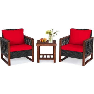 Tangkula 3PCS Patio Rattan Bistro Set Acacia Wood Frame Cushioned Sofa And Side Table 7 Tangkula 3PCS Patio Rattan Bistro Set Acacia Wood Frame Cushioned Sofa And Side Table - Image 7