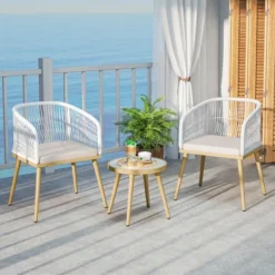 Tangkula 3-Piece Outdoor Patio Bistro Set with PE Wicker Conversation Chairs and Glass Table