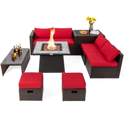 Tangkula 9 Pieces Outdoor Patio Furniture Set With 35" Propane Fire Pit Table Wicker Sectional Sofa Set W/ Storage Box Black/Gray/Navy/Red/Turquoise/Off White 14 Tangkula 9 Pieces Outdoor Patio Furniture Set With 35" Propane Fire Pit Table Wicker Sectional Sofa Set W/ Storage Box Black/Gray/Navy/Red/Turquoise/Off White - Image 14