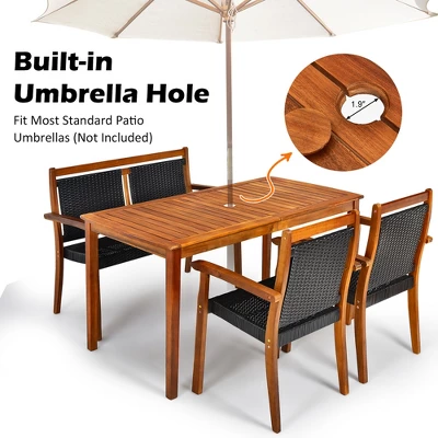 Tangkula 4-Piece Outdoor Acacia Wood & Rattan Dining Set with Umbrella Hole 3 Tangkula 4-Piece Outdoor Acacia Wood & Rattan Dining Set with Umbrella Hole - Image 3