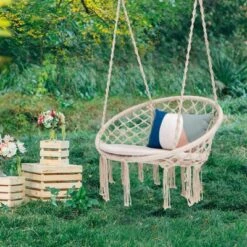 Tangkula Hanging Hammock Chair Macrame Swing Chair With Soft Cushion For Bedroom, Patio, Backyard, Balcony
