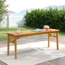 Tangkula 2 PCS Acacia Wood Outdoor Bench 48" Long Backless Wooden Picnic Bench W/ Slatted Seat
