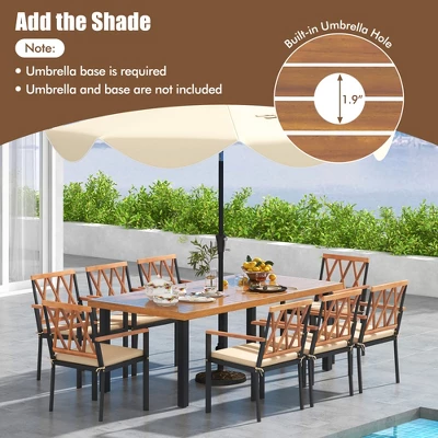 Tangkula 9 PCS Patio Dining Set Acacia Wood Table W/ Soft Cushions And 1.9" Umbrella Hole 4 Tangkula 9 PCS Patio Dining Set Acacia Wood Table W/ Soft Cushions And 1.9" Umbrella Hole - Image 4