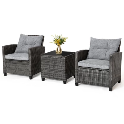Tangkula 3-Piece Outdoor Wicker Conversation Set - Grey Rattan Patio Furniture with Tempered Glass Table 9 Tangkula 3-Piece Outdoor Wicker Conversation Set - Grey Rattan Patio Furniture with Tempered Glass Table - Image 9