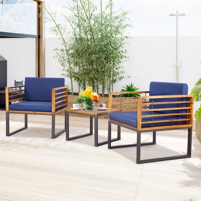 Tangkula 3PCS Acacia Wood Patio Bistro Set Outdoor Conversation Furniture Set W/ Navy Cushions 1 Tangkula 3PCS Acacia Wood Patio Bistro Set Outdoor Conversation Furniture Set W/ Navy Cushions
