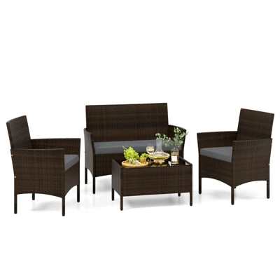 Tangkula 4 Piece Patio Rattan Conversation Set with Tempered Glass Table 12 Tangkula 4 Piece Patio Rattan Conversation Set with Tempered Glass Table - Image 12