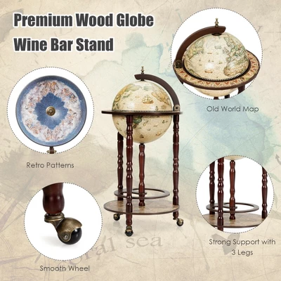Tangkula 17" Wood Globe Bar Stand 16th Century Italian Rack Drinks Bottle Shelf Cart 6 Tangkula 17" Wood Globe Bar Stand 16th Century Italian Rack Drinks Bottle Shelf Cart - Image 6
