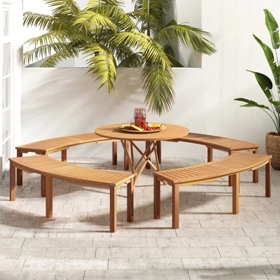 Tangkula Outdoor Curved Bench Set Of 2 Acacia Wood Fire Pit Bench W/Slatted Seat Patio Backless 2-Person Seating For Porch Yard 2 Tangkula Outdoor Curved Bench Set Of 2 Acacia Wood Fire Pit Bench W/Slatted Seat Patio Backless 2-Person Seating For Porch Yard - Image 2