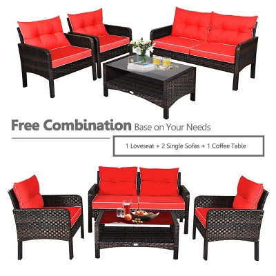 Tangkula 4 Piece Patio Conversation Set Rattan Wicker Loveseat Sofa Coffee Table & Glass Top Red/Turquoise Cushions 3 Tangkula 4 Piece Patio Conversation Set Rattan Wicker Loveseat Sofa Coffee Table & Glass Top Red/Turquoise Cushions - Image 3