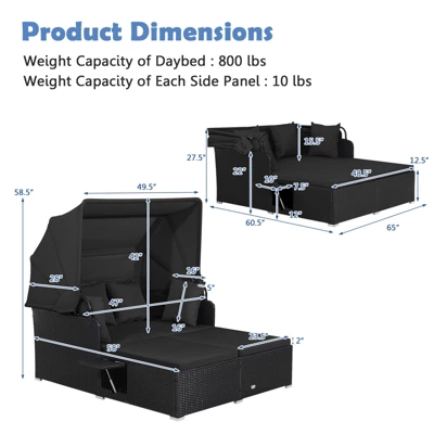 Tangkula Patio Rattan Daybed With Retractable Canopy Wicker Sun Lounger With 2 Foldable Side Panels Thick Seat & Back Cushions 8 Tangkula Patio Rattan Daybed With Retractable Canopy Wicker Sun Lounger With 2 Foldable Side Panels Thick Seat & Back Cushions - Image 8