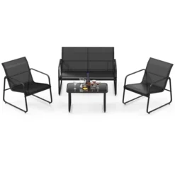 Tangkula 4 PCS Furniture Set Tempered Glass Coffee Table Chair Outdoor Patio Loveseat Black -Tangkula Shop GUEST fac29eab 2fde 4ac8 87e5 fe71163578d4
